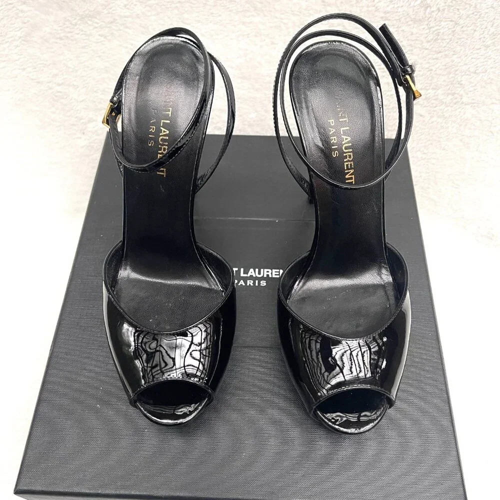 Yves Saint Laurent Kika patent leather peep toe platform ankle strap heels 8